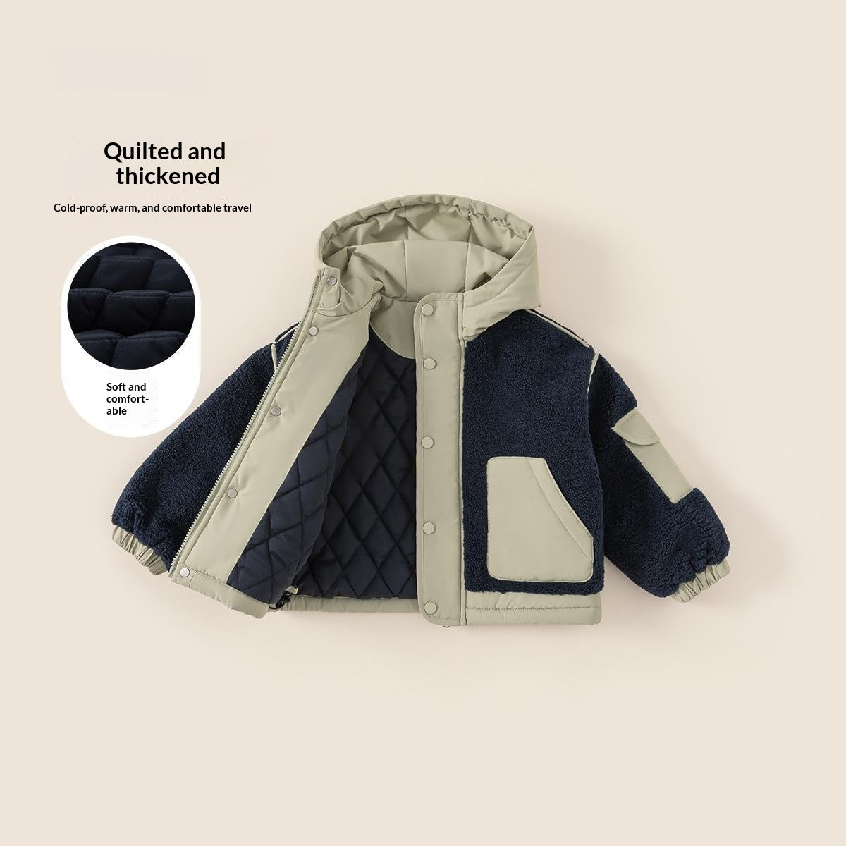 Boys Cotton-padded Coat With Color-block Design And A Plush Hood