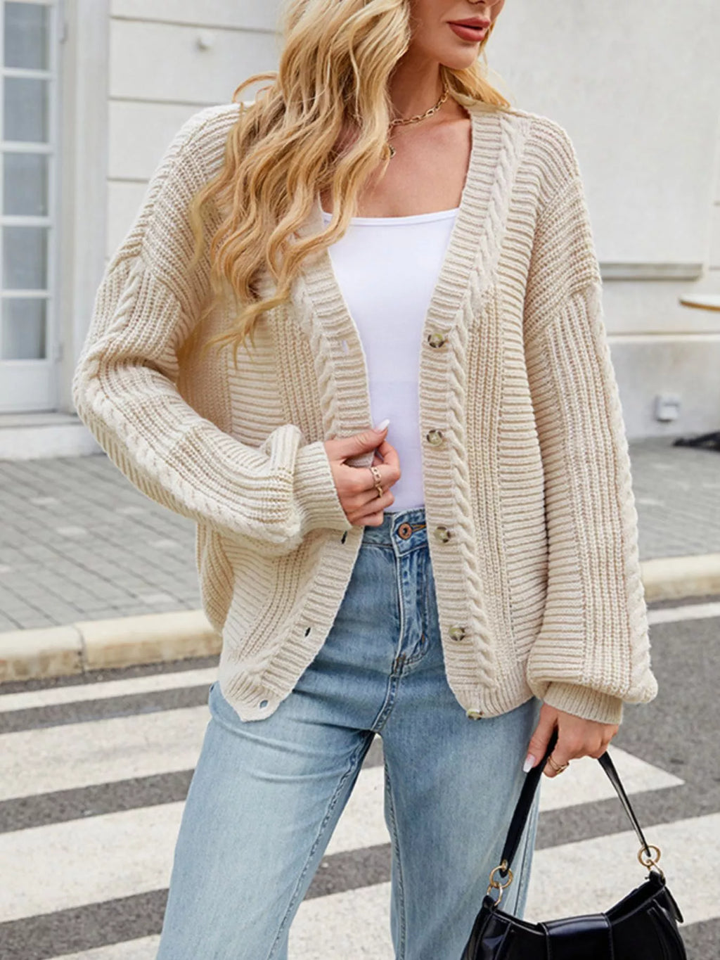 Cable Knit Button-Up Cardigan – Off-White / Black