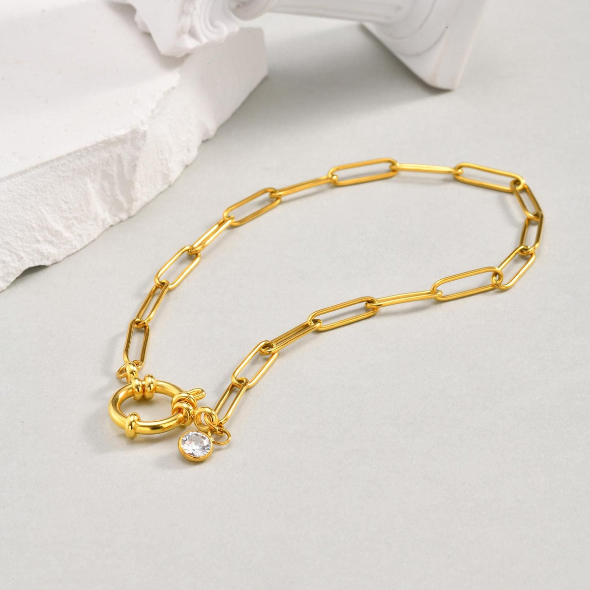 Stainless Steel Rectangular-link Bubble-clasp Gold Anklet