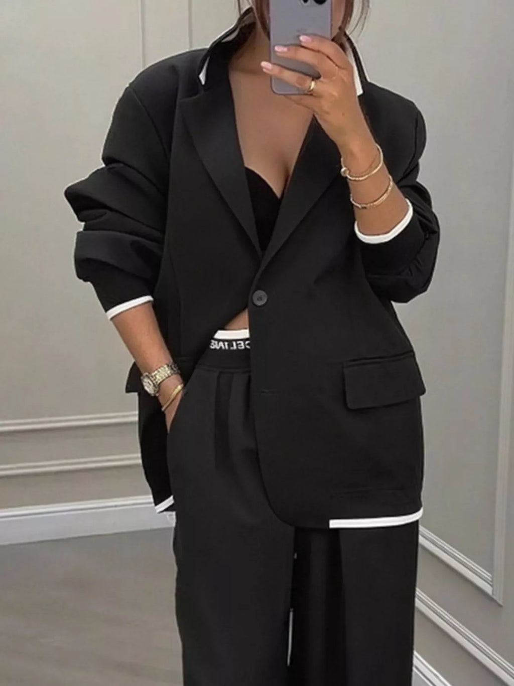 Full Size One Button Blazer and Wide-Leg Pants Set Plus Size