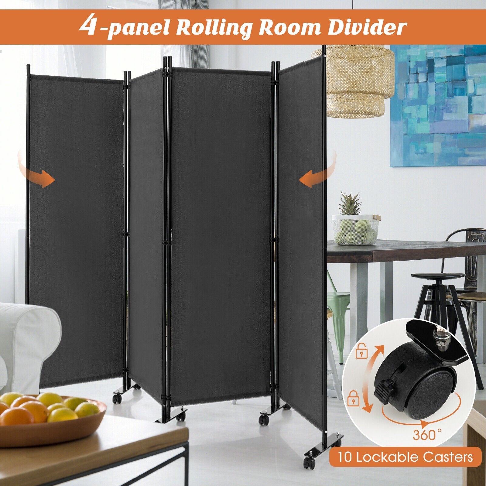 4-Panel Folding Room Divider 6 Feet Rolling Privacy Screen with Lockable Wheels