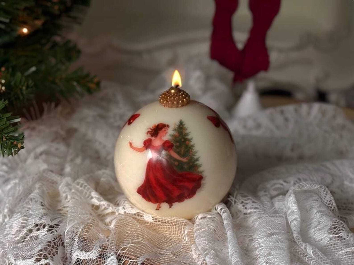 Christmas Candle in Box 1pc | Handmade Soy Wax Sphere with Red Accents | Unique Holiday Gift Under 30 | Cozy Christmas Decor