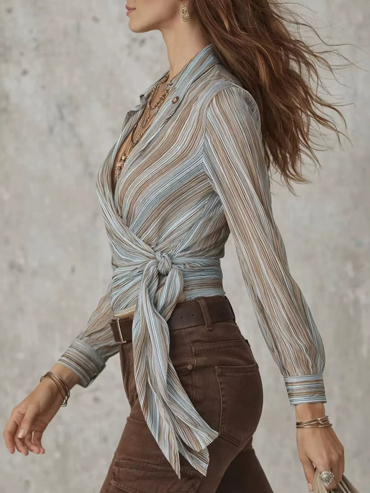 Striped Wrap Shirt with Tie-Front Detail