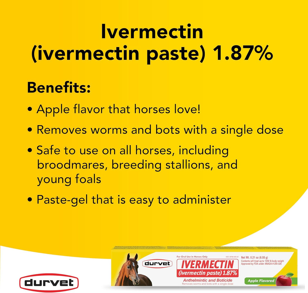 Durvet Ivermectin Horse Wormer Apple Flavor Broad Spectrum Equine Dewormer 12PCK