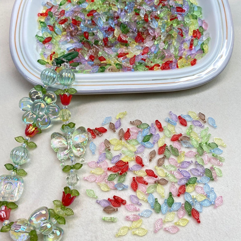Tiny Translucent Acrylic Leaf Charms, Top-Hole Veined Mini Beads For DIY Hanfu Pendant Drops, Earrings & Jewelry Making.