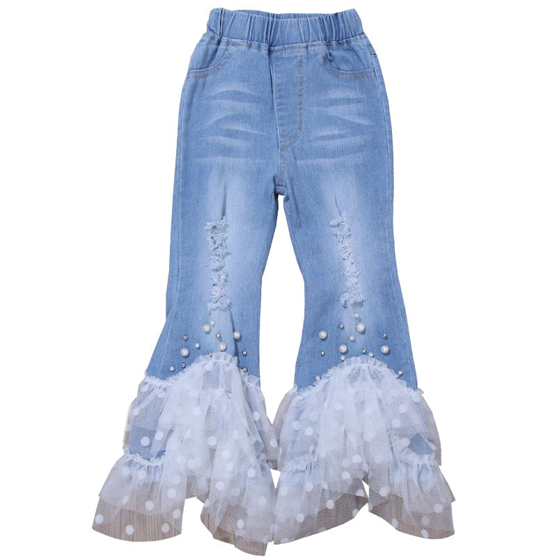 Girls' jeans spring and autumn stretch flared pants