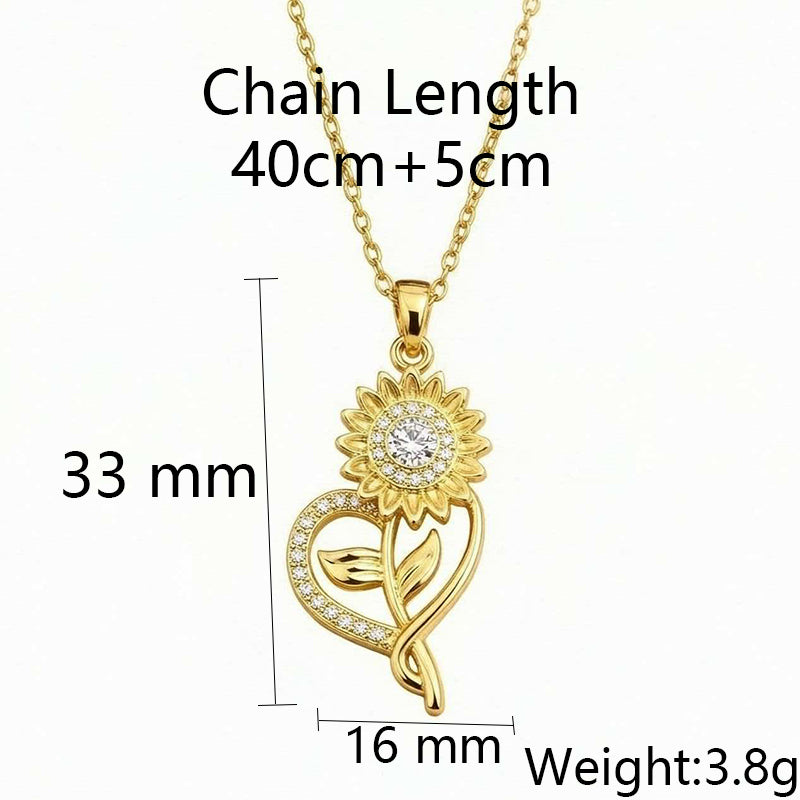Copper Pendant With Heart-shaped Sunflower And Zircon, Paired With Stainless Steel Chain Necklace
