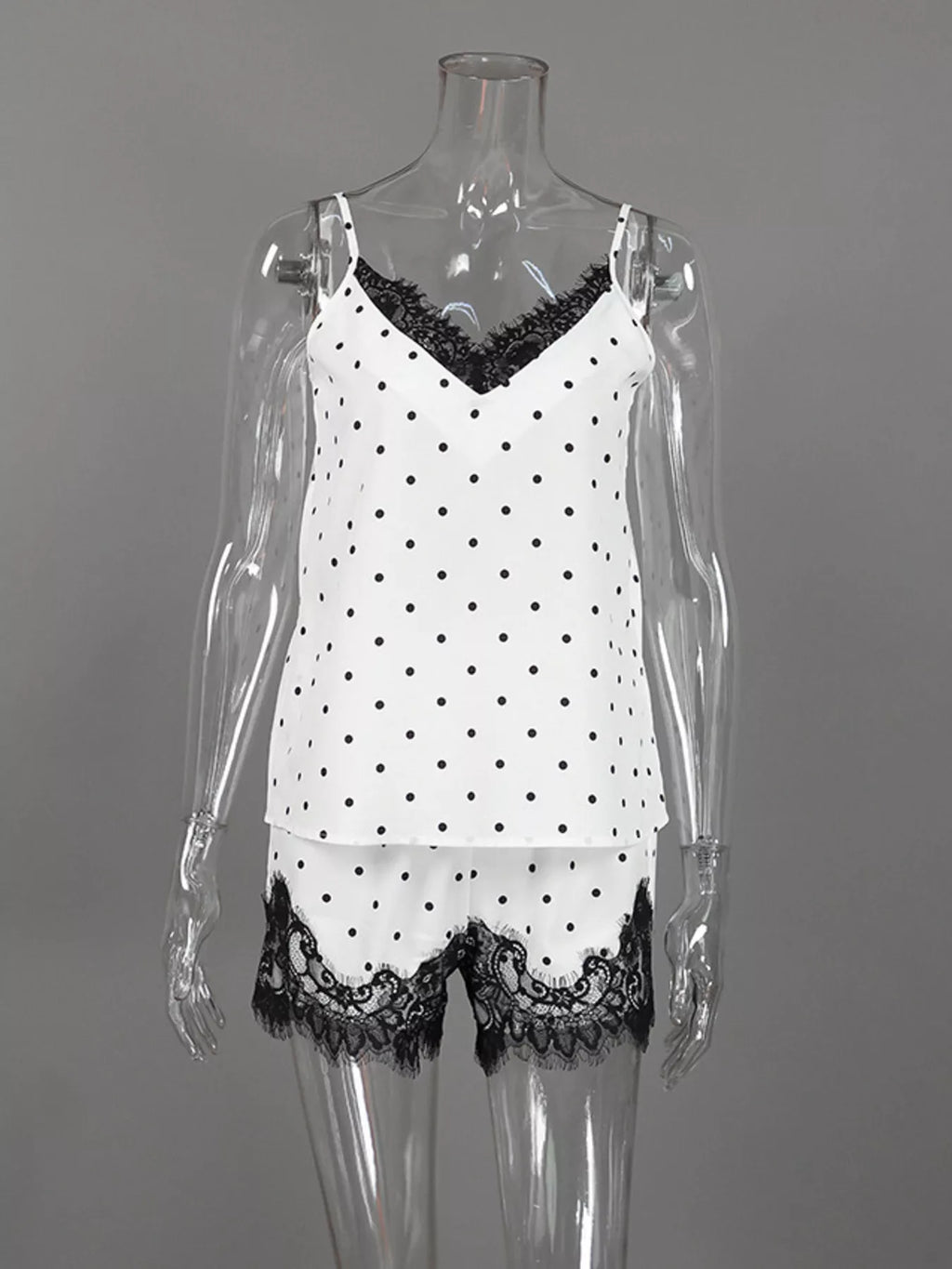 Polka Dot Lace Trim Cami & Cardigan and Shorts Set