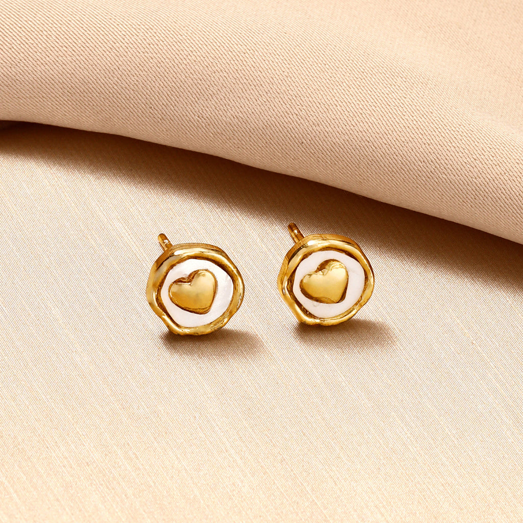 18K Gold Plated Stainless Steel Heart Jewelry Set For Women, White Enamel Round Coin Pendant Necklace Stud Earrings Open Adjustable Ring, Dainty Love Theme Jewelry Gift