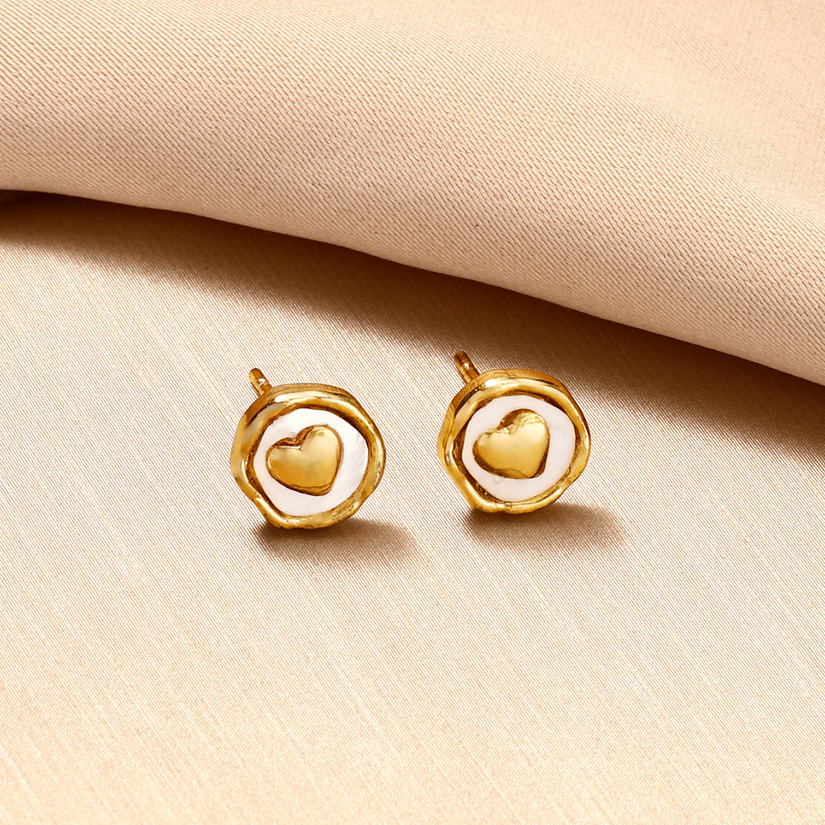 18K Gold Plated Stainless Steel Heart Jewelry Set For Women, White Enamel Round Coin Pendant Necklace Stud Earrings Open Adjustable Ring, Dainty Love Theme Jewelry Gift