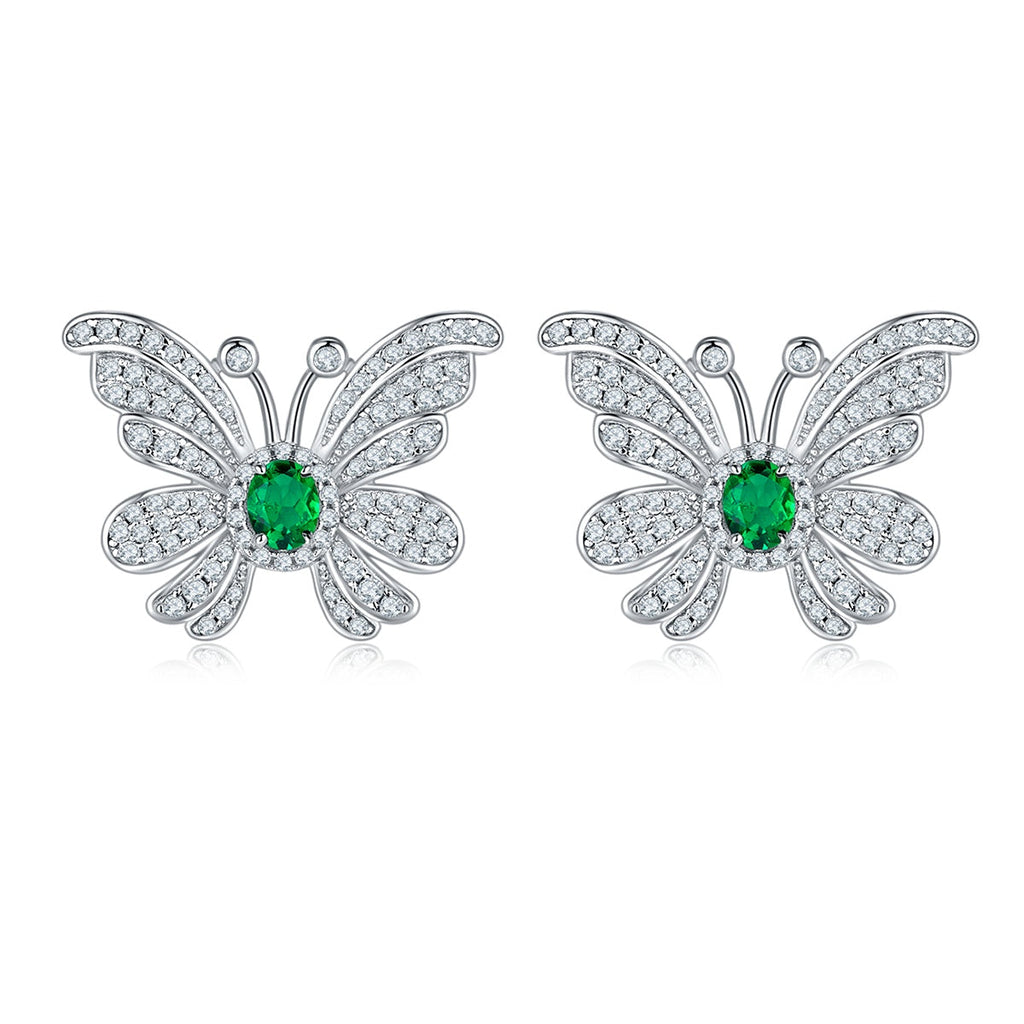 S925 Silver 6.6g Platinum Plated Butterfly Earrings, 0.39ct Lab-Created Emerald, Pair
