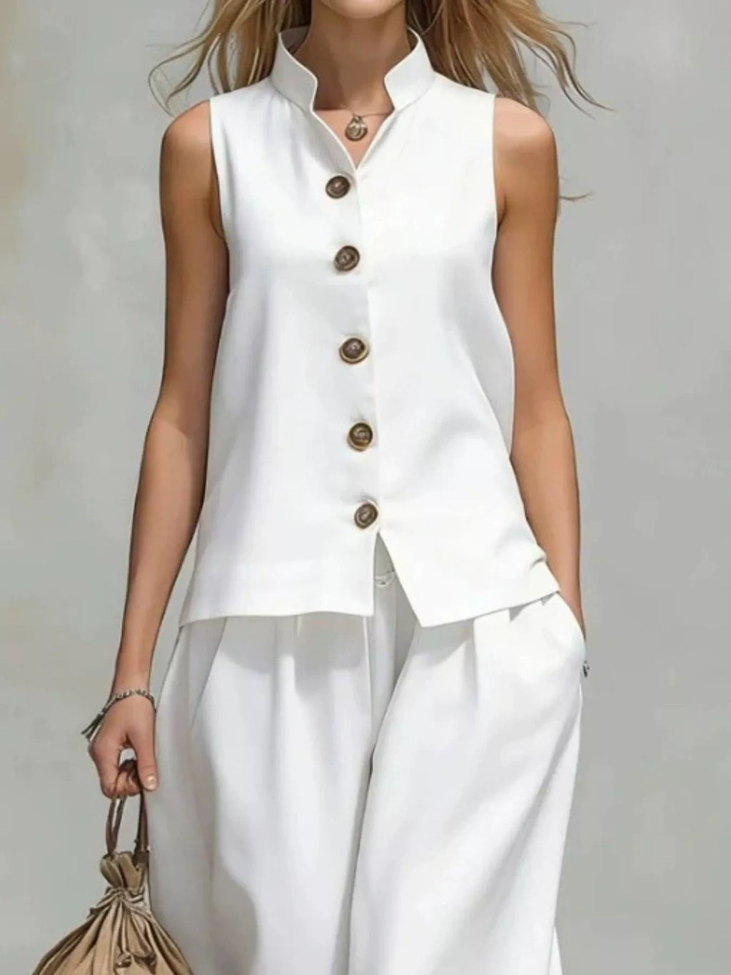 Sleeveless Button-Down Top and Wide-Leg Pant Set