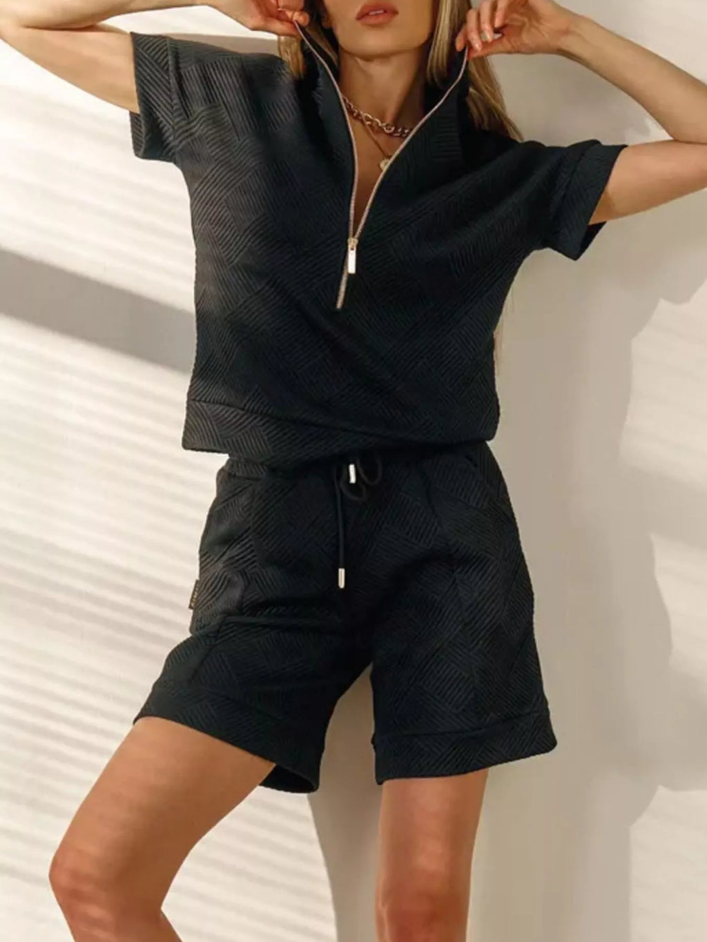 Half Zip Short Sleeve Top and Shorts Set