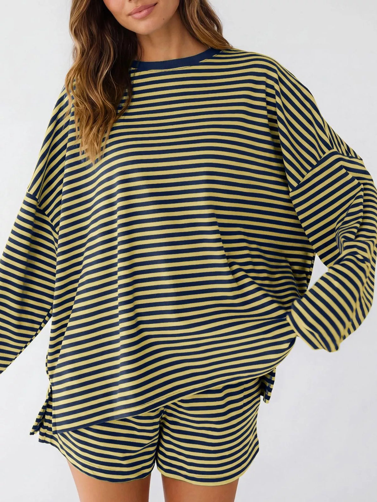 Casual Striped Long Sleeve Top and Shorts Set