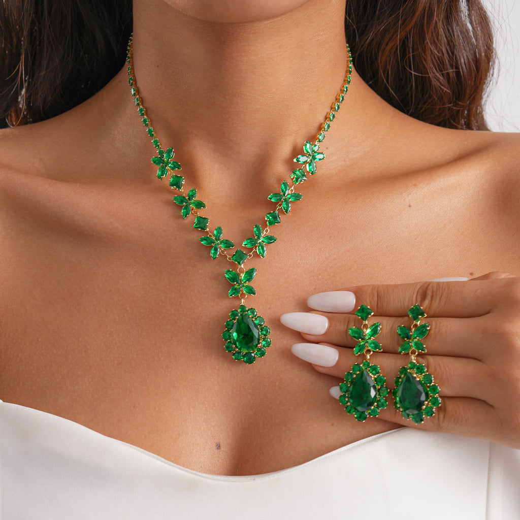 Womens Two-Piece Zircon Flower Drop Geometric Necklace Set