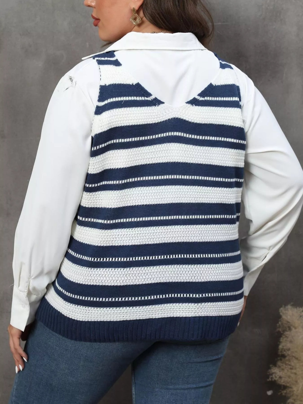 Plus Size Striped V-Neck Knit Sweater Vest