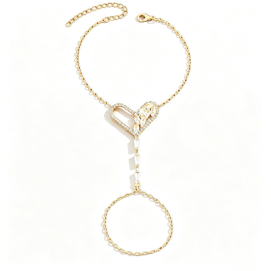 Sweet Asymmetric Hollow Heart Adjustable Hand Chain Ring Bracelet Integrated Women Wrist Jewelry For Daily Dating Banquet Party Occasions