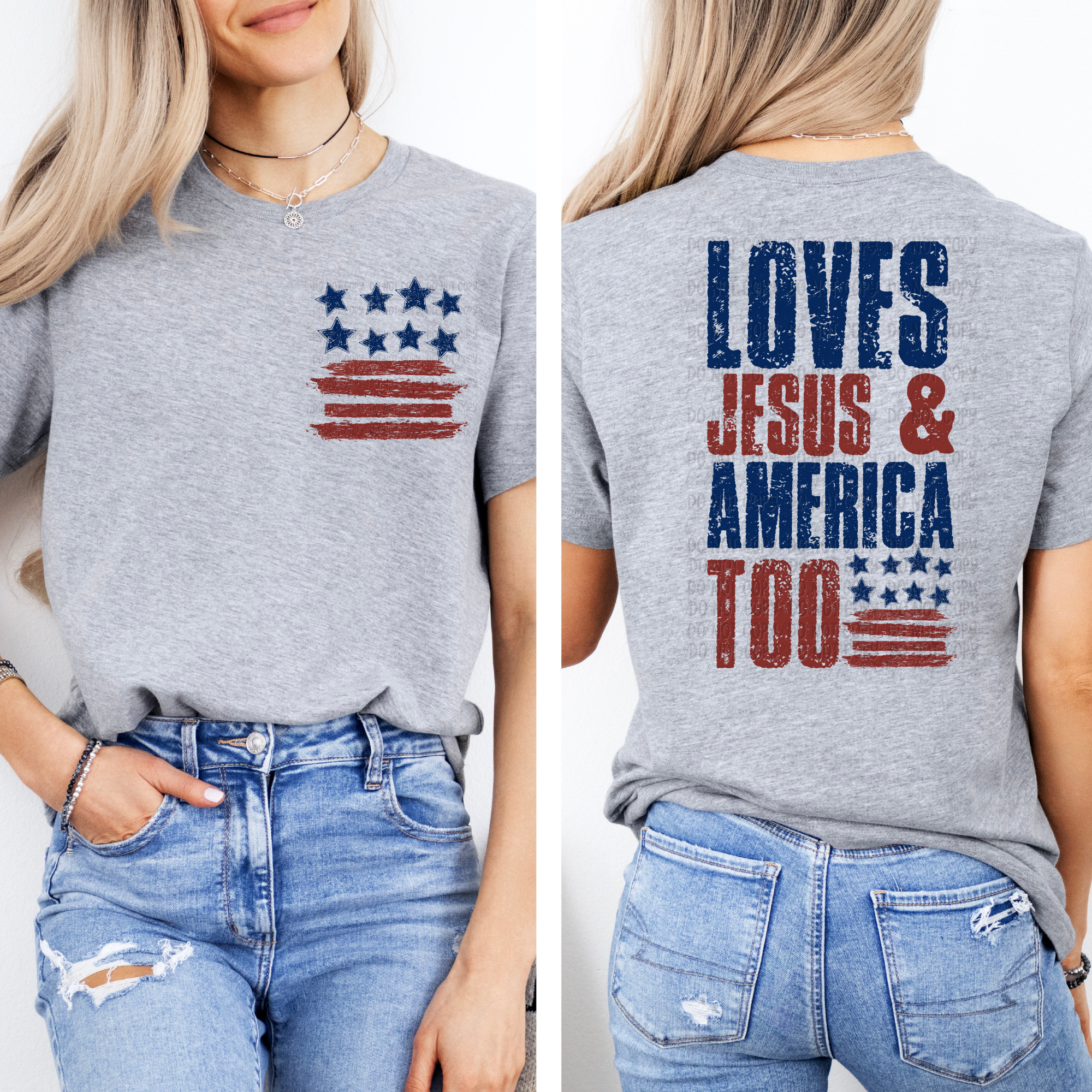 Loves Jesus & America Too - Pocket Size Front - Tee