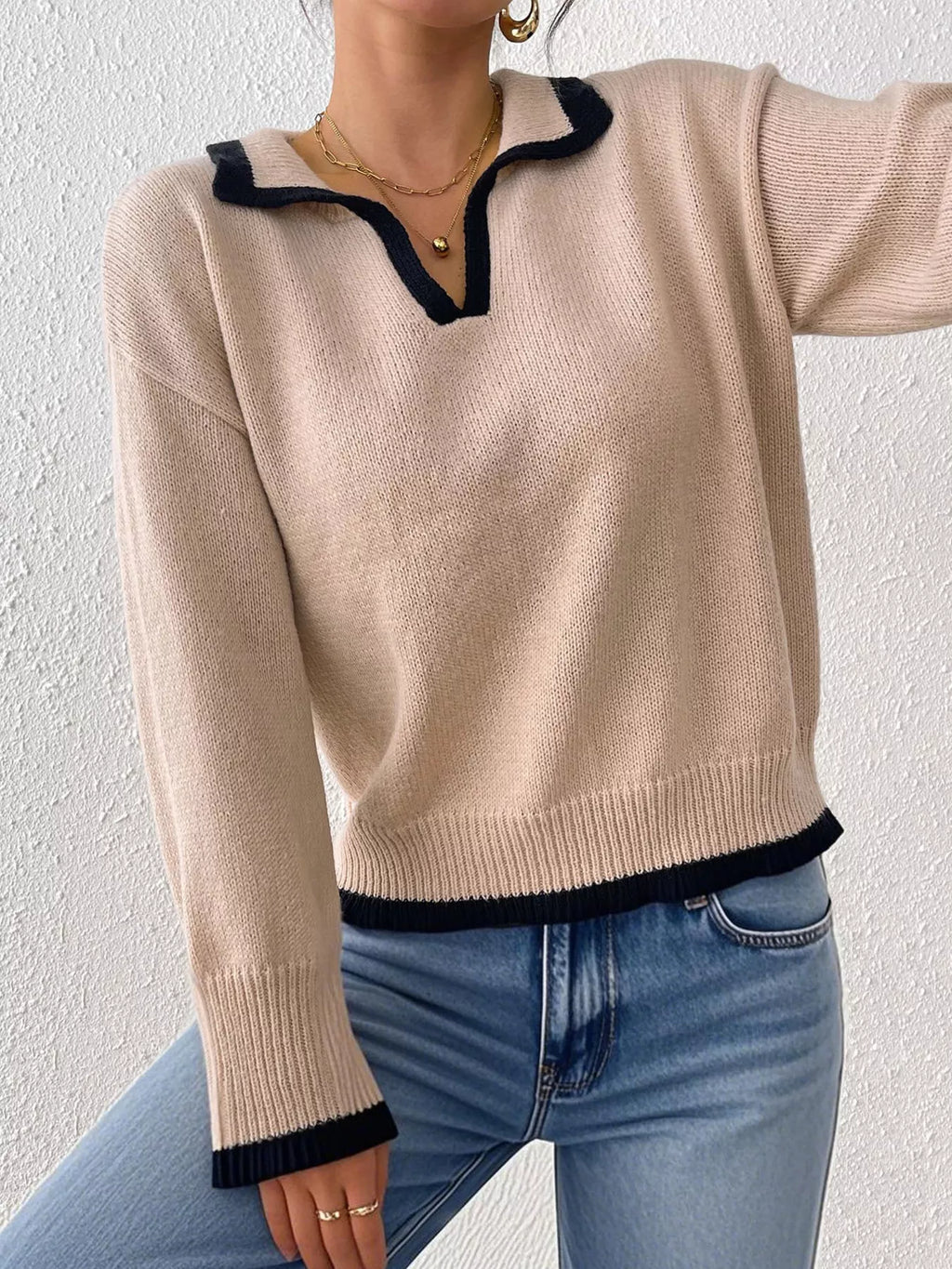 Contrast Trim Polo Collar Sweater