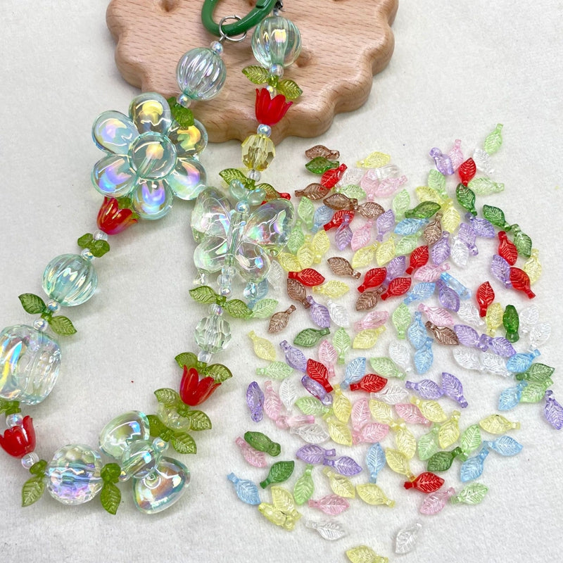 Tiny Translucent Acrylic Leaf Charms, Top-Hole Veined Mini Beads For DIY Hanfu Pendant Drops, Earrings & Jewelry Making.