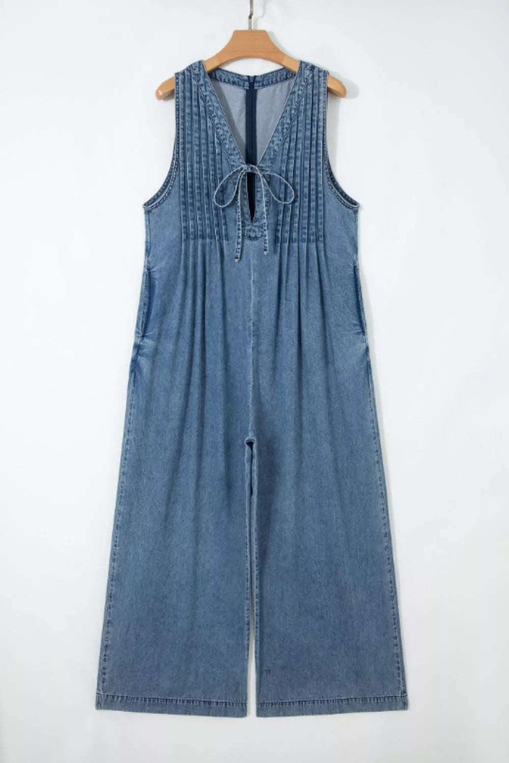Acid Wash Pintuck Tie V Neck Denim Wide Leg Jumpsuit