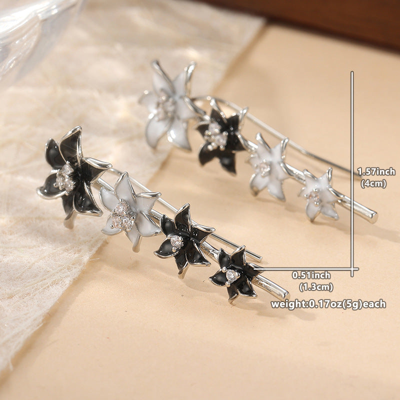 Colorful Flower Stud Earrings Silver Tone Brass Women Black White Crystal Party Fashion Jewelry Elegant