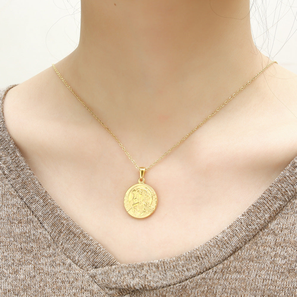 Geometric Profile Coin Titanium Steel Necklace