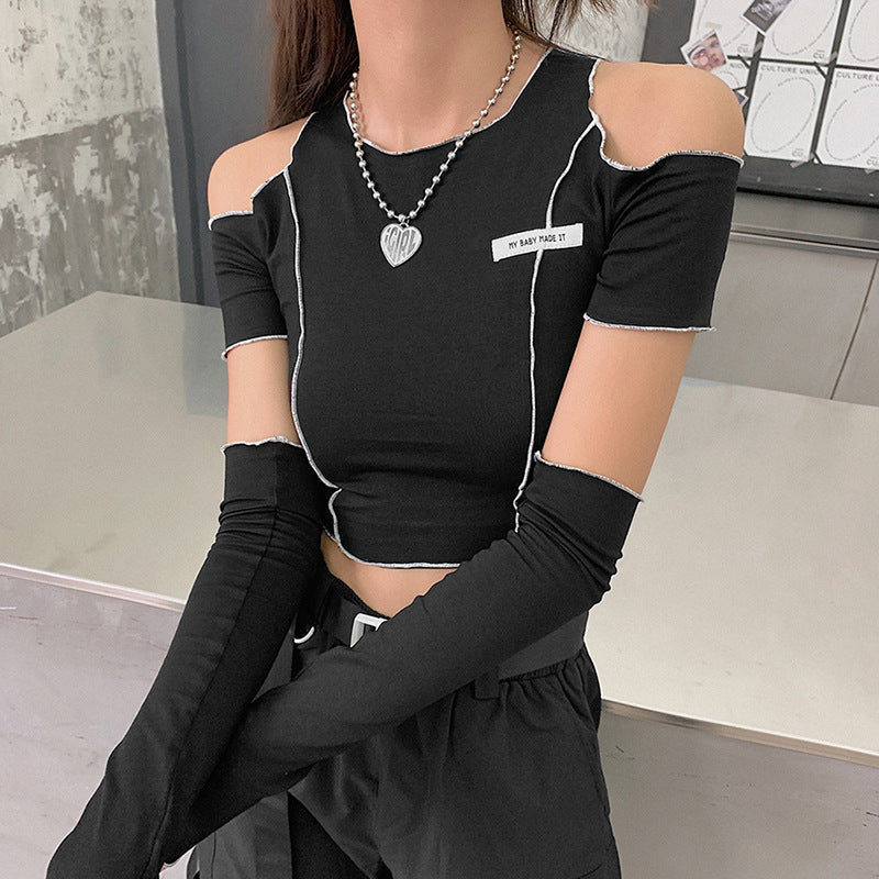 European And American Style Cross-Border Women's Clothing Autumn And Winter New Fashion Label Slim Round Neck Strapless Short T-Shirt Women