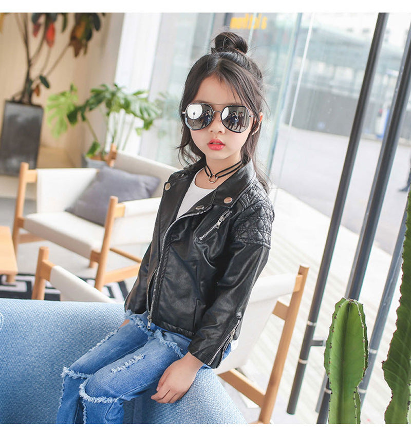 Children's Clothing Shoulder Diamond Lattice Small And Medium-sized Children's Leather Jacket