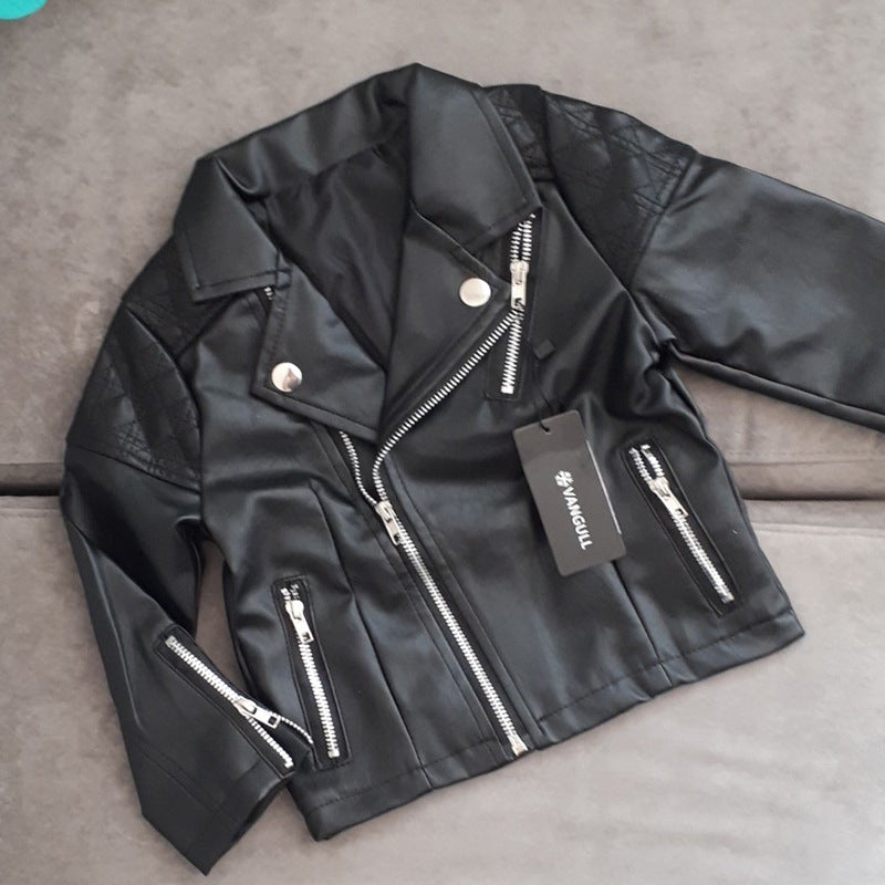 Children's Clothing Shoulder Diamond Lattice Small And Medium-sized Children's Leather Jacket
