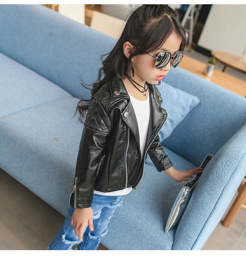 Children's Clothing Shoulder Diamond Lattice Small And Medium-sized Children's Leather Jacket