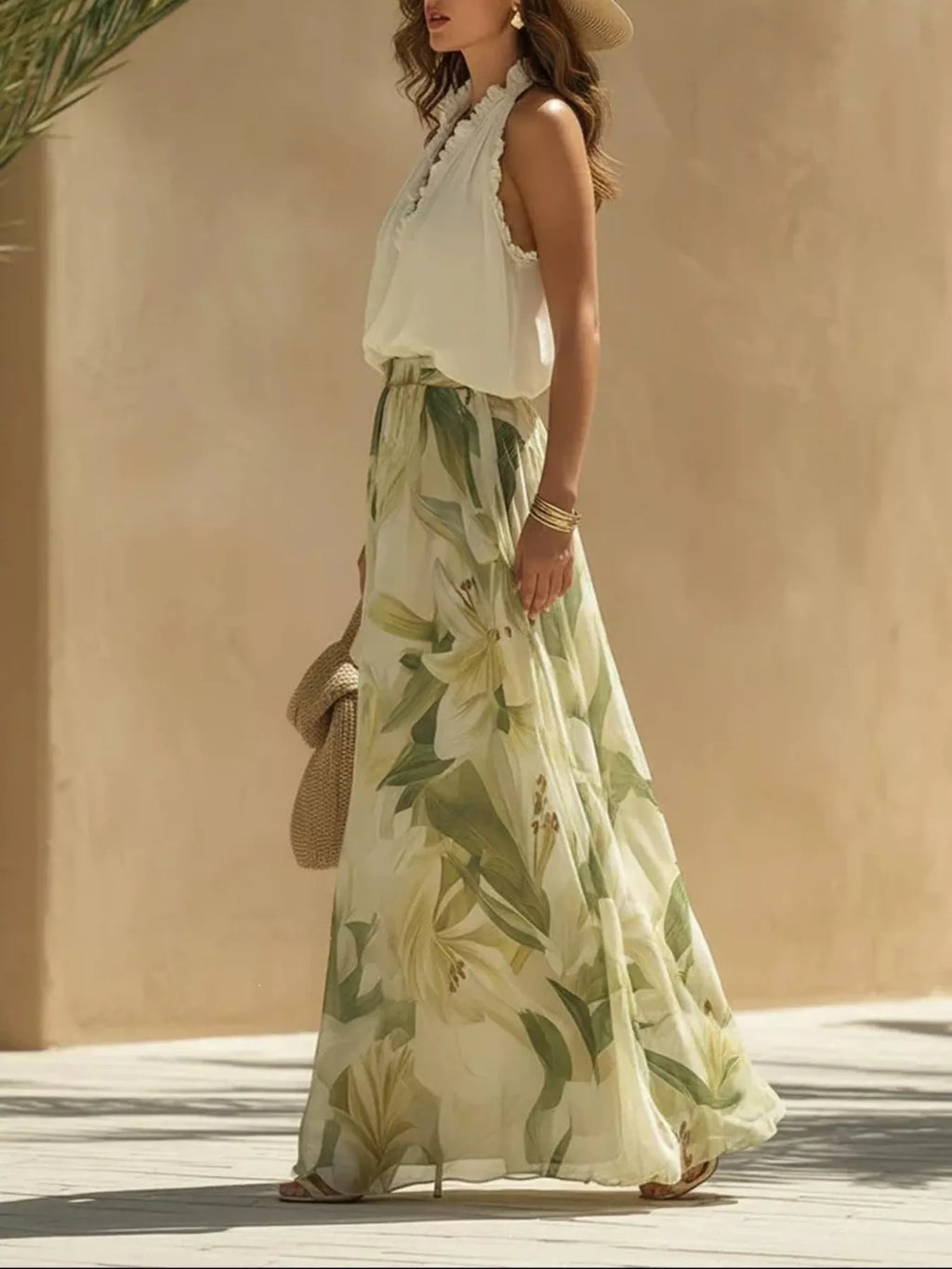 Frill Sleeveless Top and Wide-Leg Pants Two-Piece Set