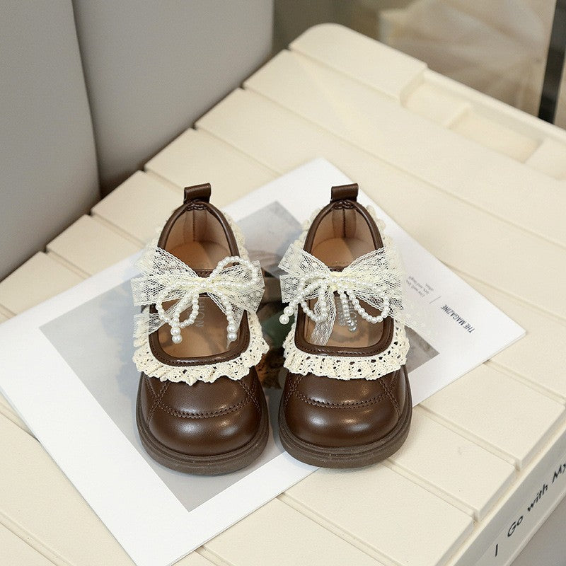 2026 Spring New Arrival Girls' Fashion Lace Trim Flat Shoes, Korean Style Bow Princess Shoes, Kids Fashion Leather Shoes