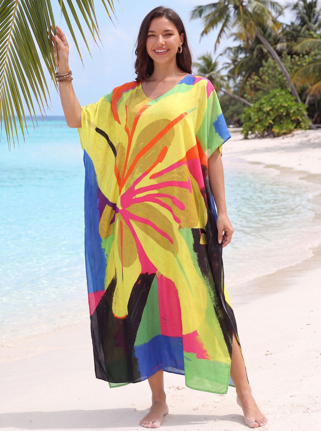 Women Flower Print Kaftan Dresses Plus Size Side Open Loungewear