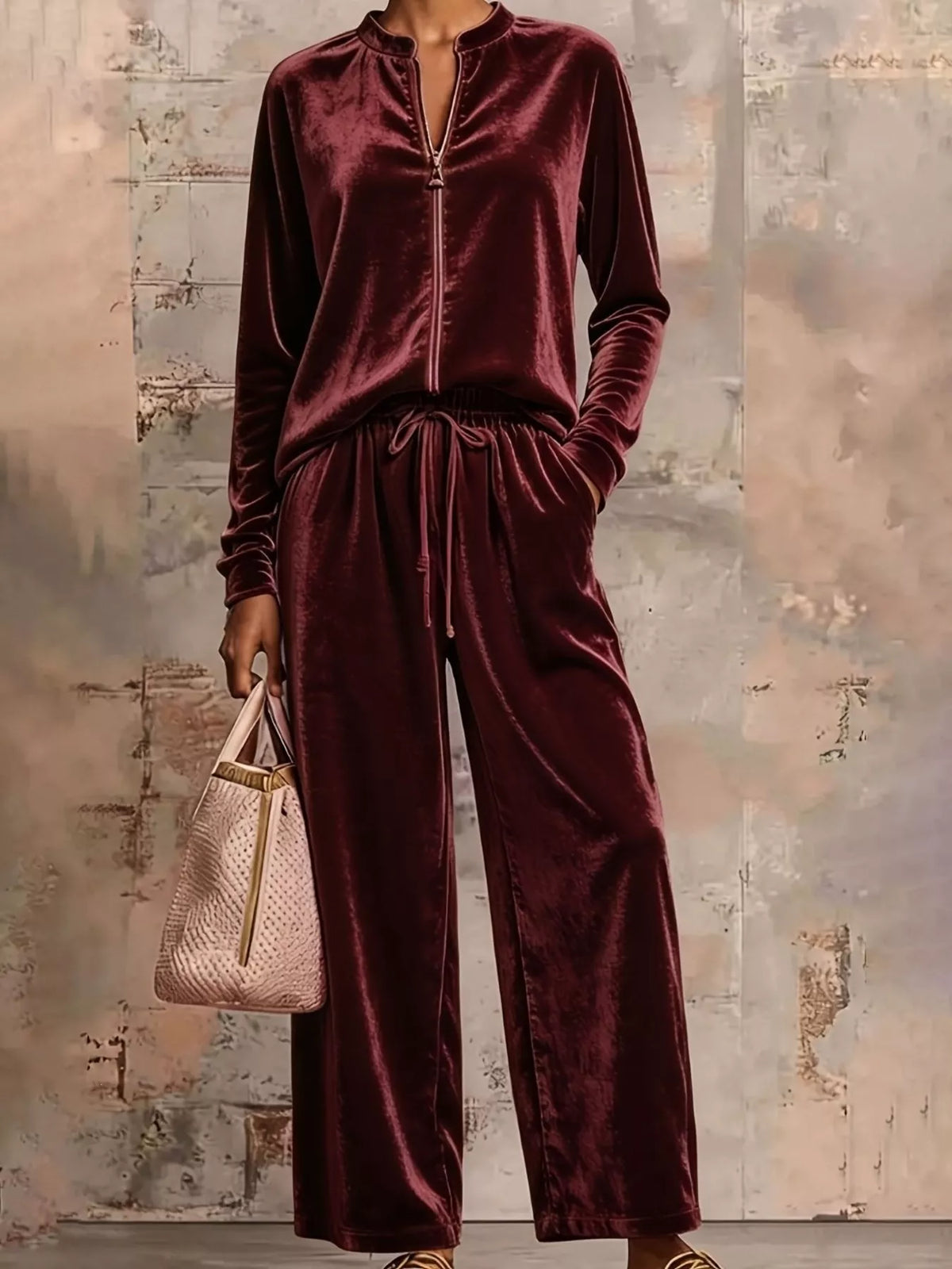Velvet Zip-Up Top and Pants Set