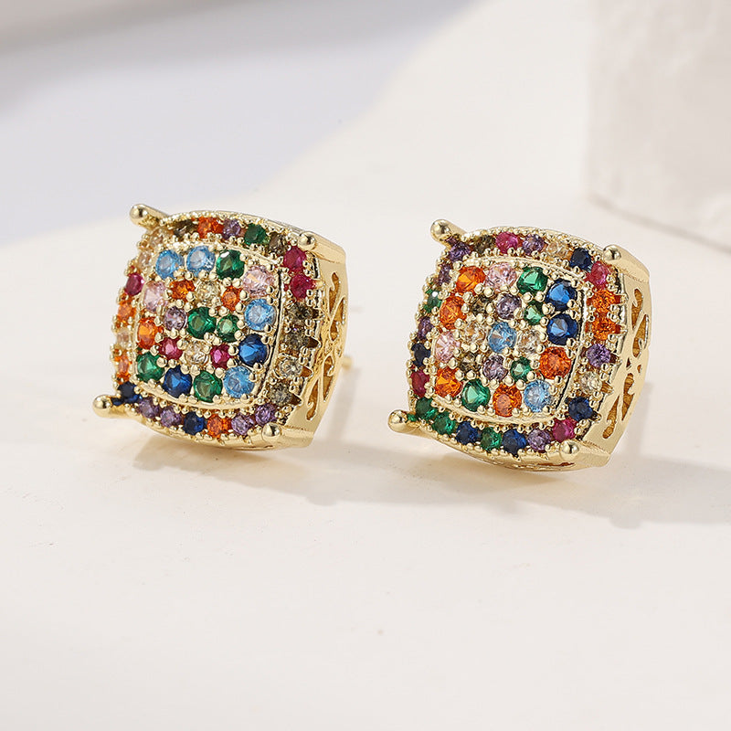 Colorful Square Crystal Stud Earrings Brass Women Turquoise Multicolor Silver Gold Elegant Party Fashion Jewelry