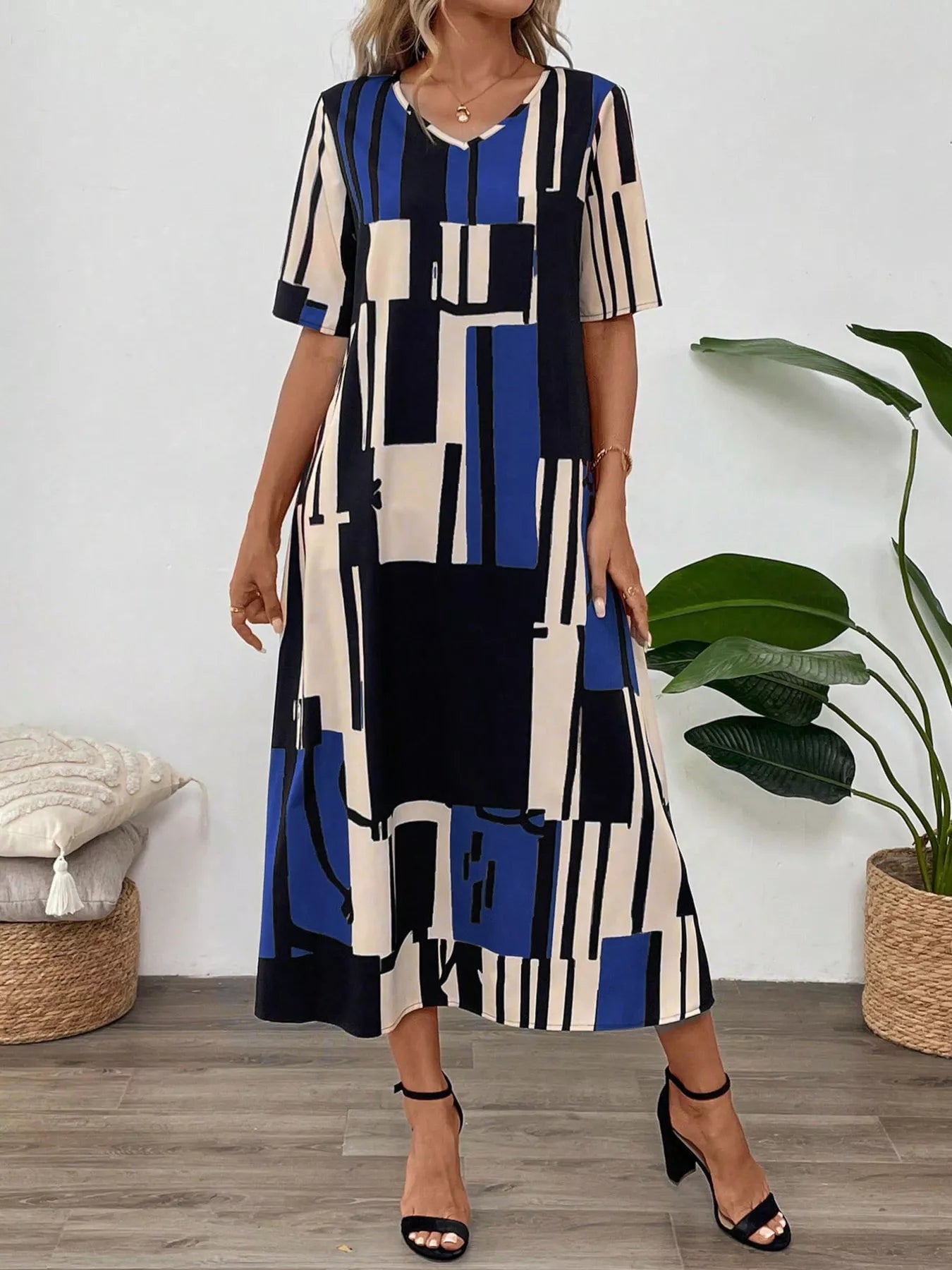 Abstract Geometric Print V-Neck Midi Dress