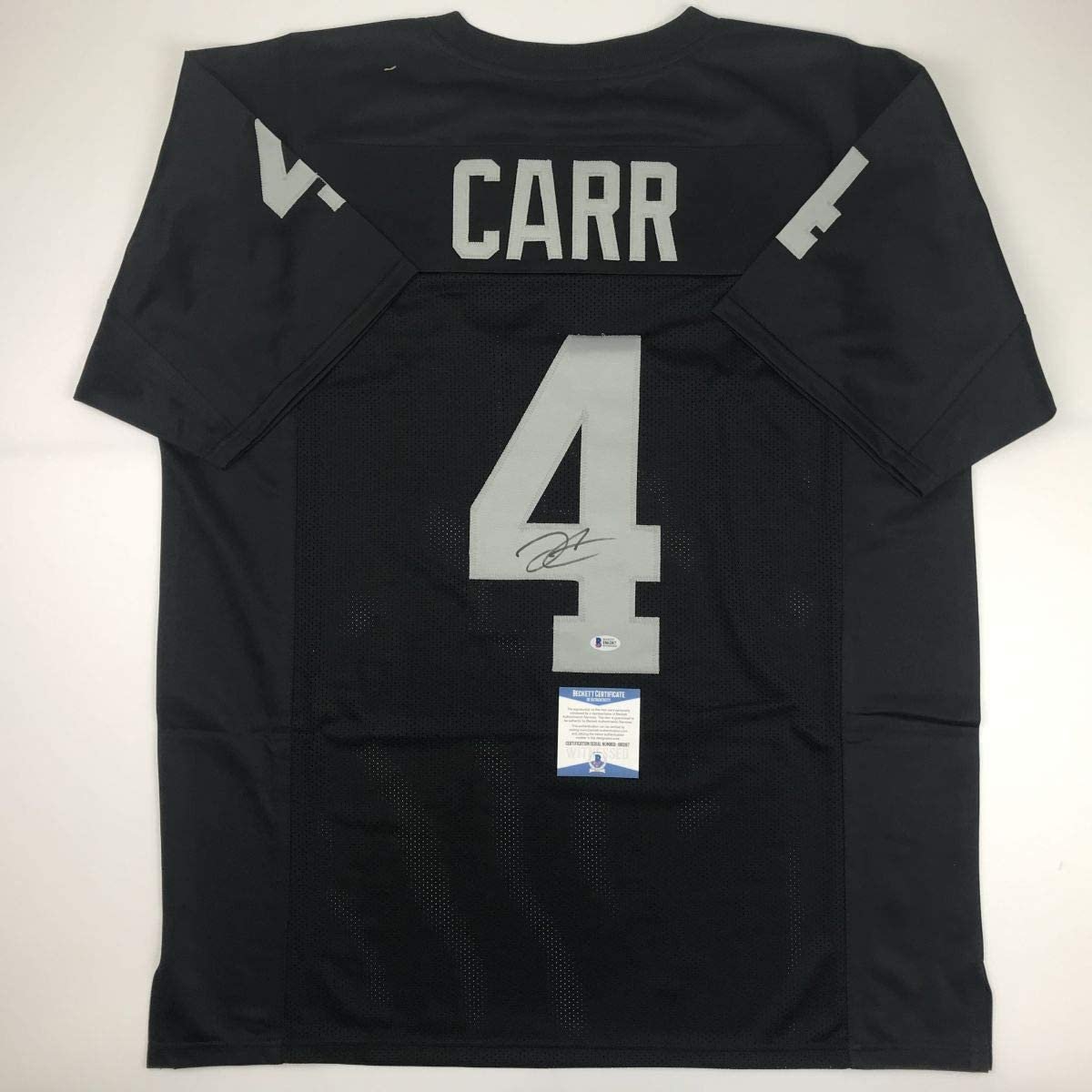 Autographed/Signed Derek Carr Oakland Black Football Jersey Beckett BAS COA