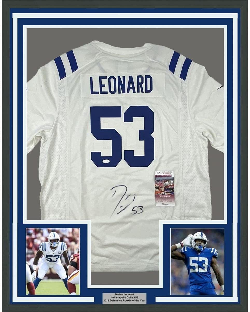 Framed Autographed/Signed Darius Leonard 35x39 Indianapolis Colts White Authentic Football Jersey JSA COA