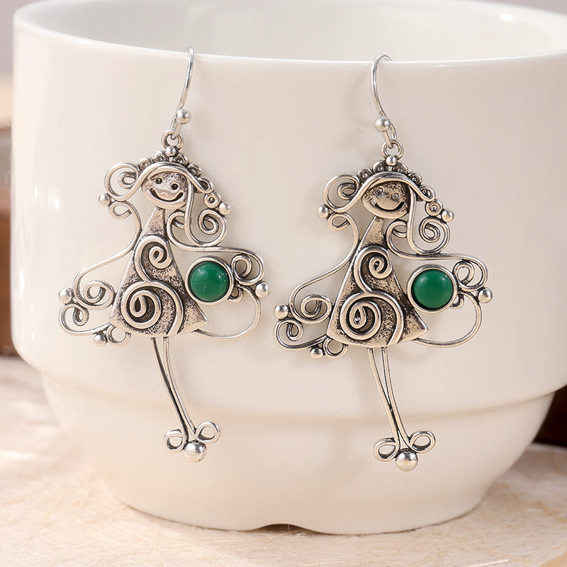 Vintage Woman Silhouette Drop Earrings Silver Tone Brass Green Stone Artistic Boho Daily Fashion Jewelry
