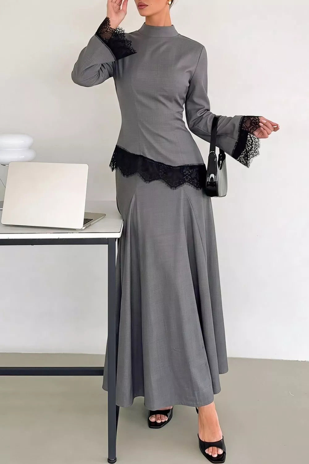 Lace Detail Mock Neck Top and Skirt Set
