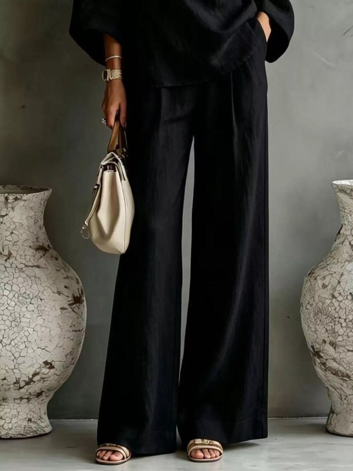One Shoulder Top and Wide Leg Pants Set