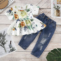Rose flower top denim ripped trousers two-piece suit