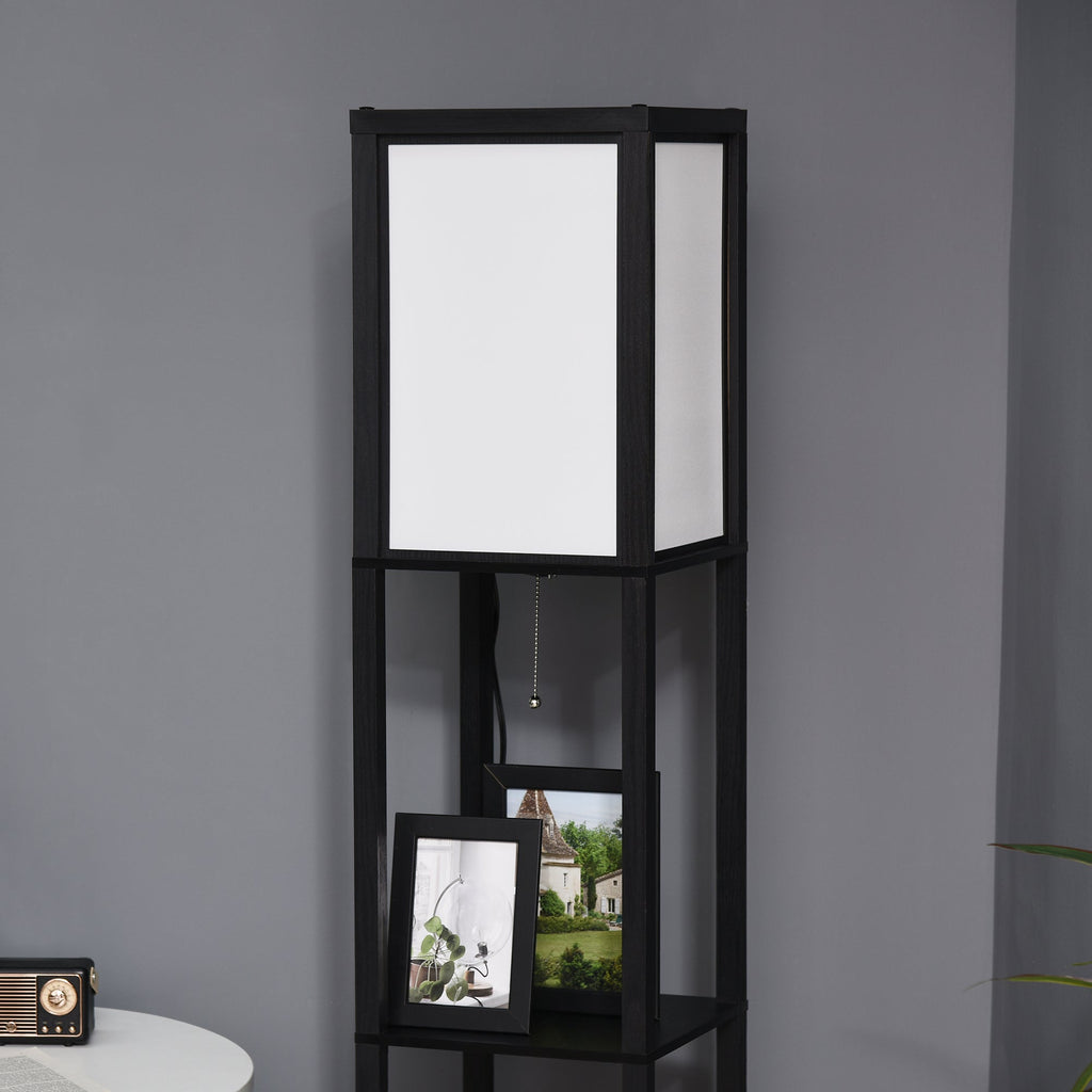 Boho Shelf Floor Lamp with Dual Fabric Shades & Built-In Storage Shelves