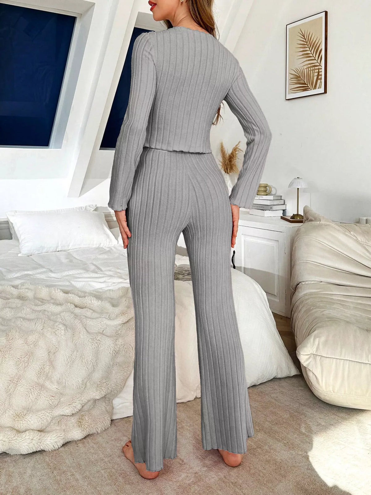 Bow Detail Ribbed Knit Top and Pants Lounge Set