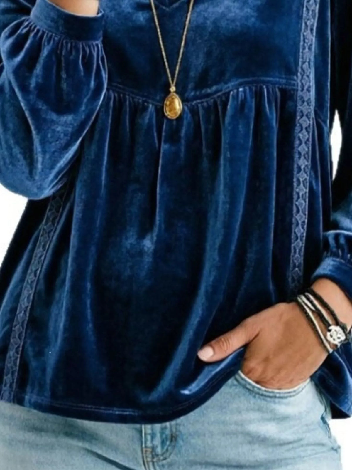 Full Size V-Neck Long Sleeve Velvet Blouse with Lace Trim Plus Size