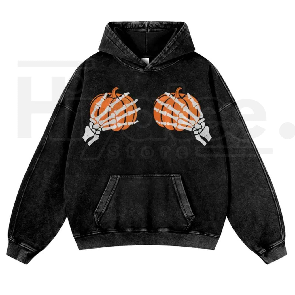 Skeleton Hands Holding Pumpkin Hoodie – Playful Gothic Halloween Aesthetic