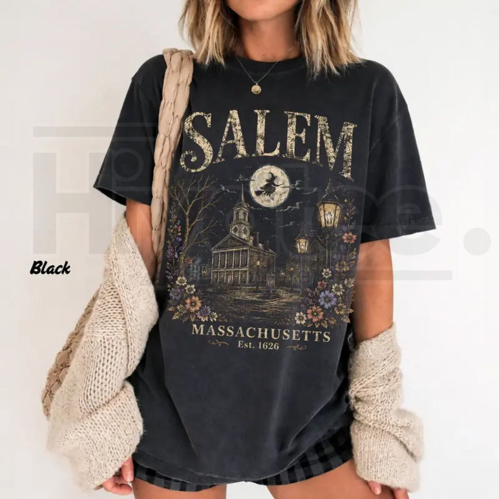 Salem Massachusetts T-Shirt – Vintage Witch City Halloween Graphic Tee, Retro Spooky Fall Gothic Shirt