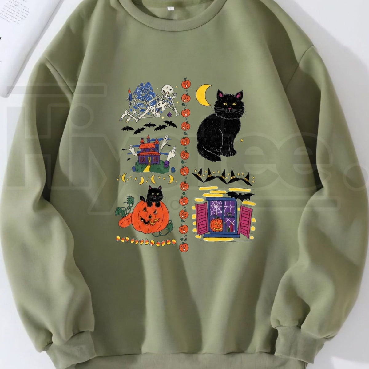 Women's Vintage Halloween Cotton Sweatshirt – Retro Spooky Haunted House Crewneck, 90s Aesthetic Fall Pullover