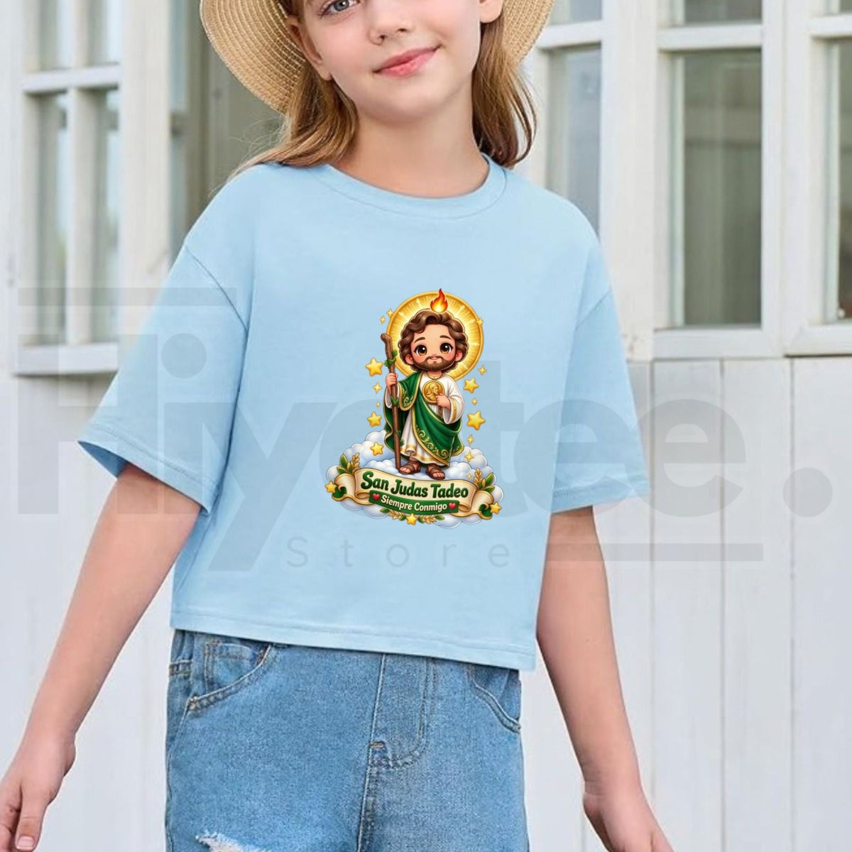 San Judas Tadeo Siempre Conmigo Kids T-Shirt – Cute Chibi Saint Jude Cloud Graphic Tee